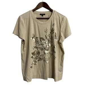 Lafayette 148 t-shirt womens large cream gold sequin floral boho festival casual
